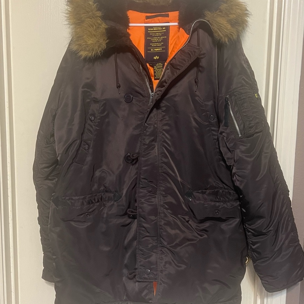 Alpha Industries Black Brown parka Jacket with Orange Lining size 2XL